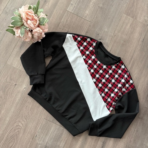 SHEIN Autumn Red & Black Houndstooth Stripe Crewneck Sweatshirt - Picture 1 of 5